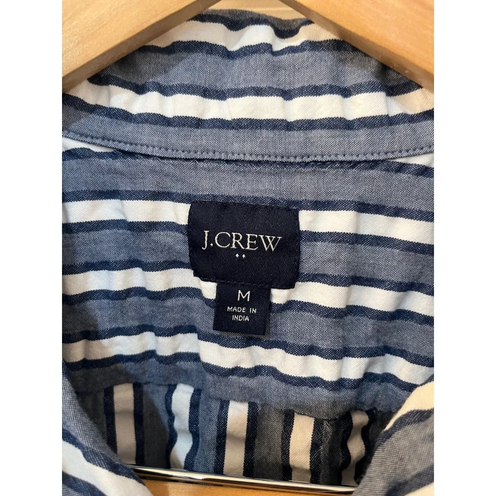 J.Crew Mens Seersucker Stripe Short Sleeve Camp Shirt Navy Blue White Size M